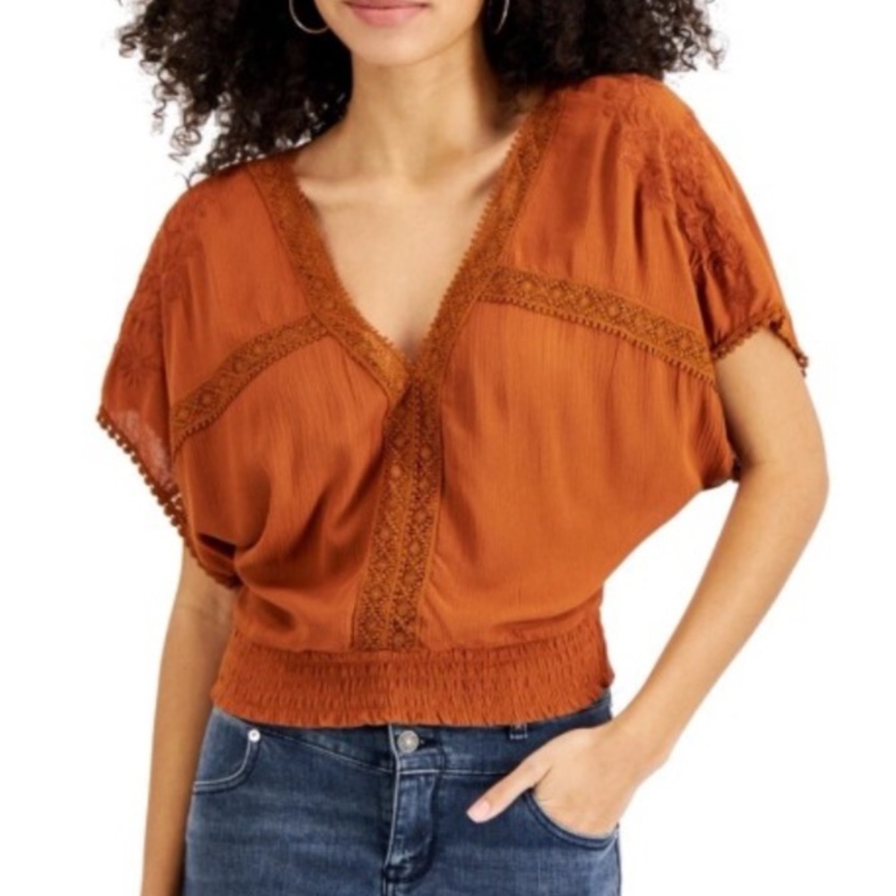 Self Esteem Orange Flutter Sleeve Crop Blouse